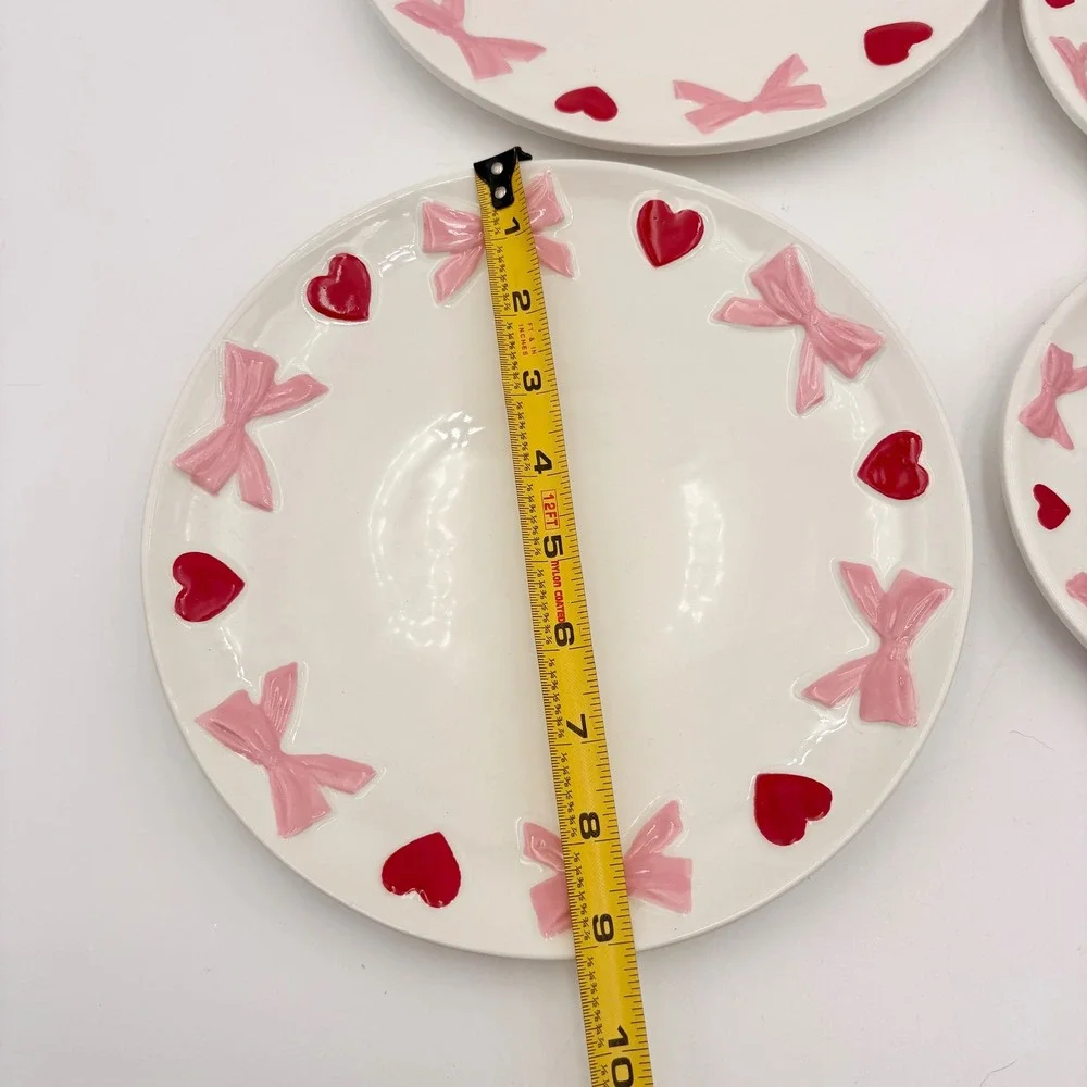 Set of 4 Ceramic Plates Dinner Dessert Salad Valentines Pink Bows and Red Hearts